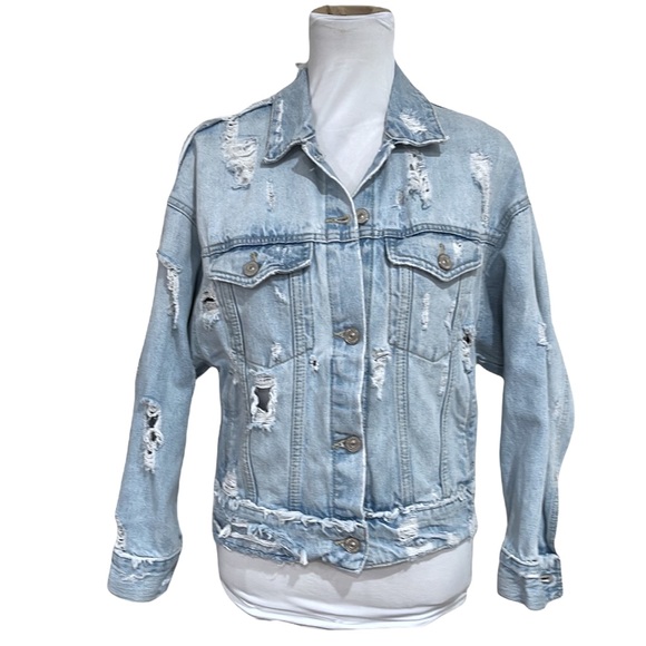 Zara Jackets & Blazers - Zara TRF Denim IX’D Ripped Distressed Oversized Cropped  Jean Jacket SZ S